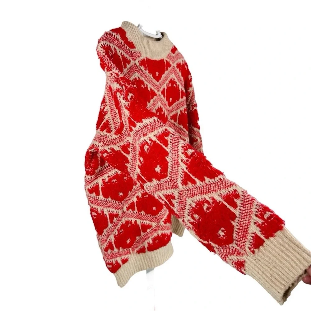FRNCH Paris WMNS S/M Red Argyle Wool Blend Long Sleeves Pullover Sweater Winter